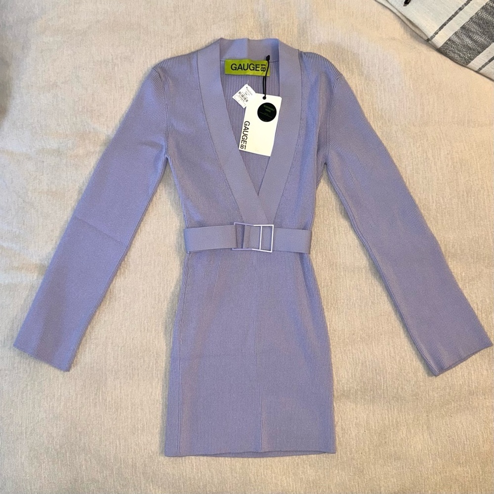 NWT Gauge81 Dress Baha Rib Knit Belted Stretch Long Sleeve Mini Purple Lilac New - Picture 4 of 16